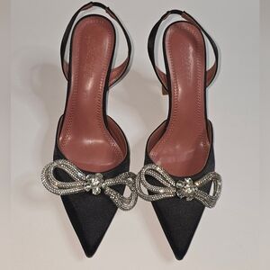Hayixia Rhinestone Black Satin Heels w/Rhinestone Bow Size US 8